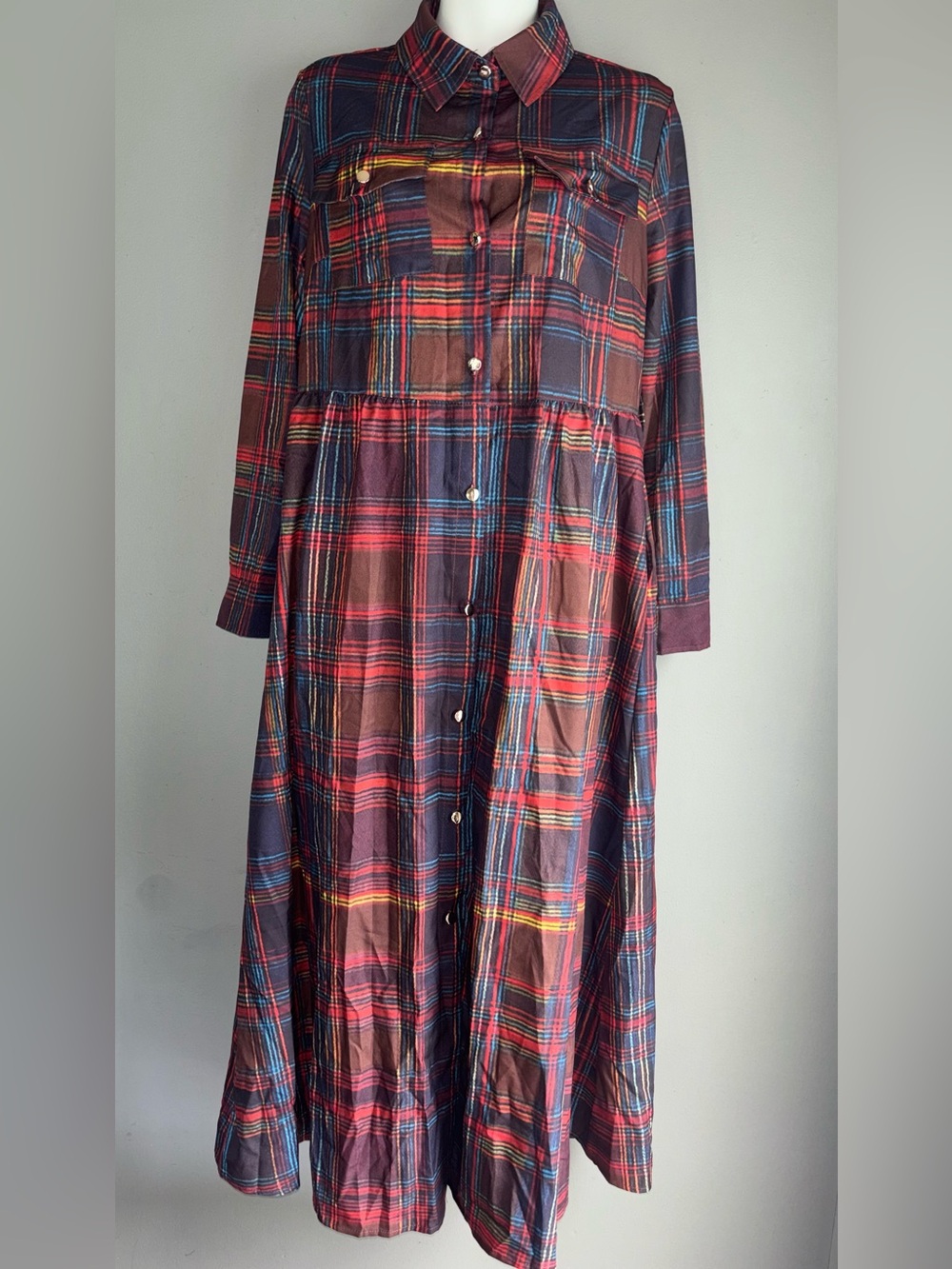 SHEIN Plaid Button-Up Long Sleeve Maxi Dress Size Small